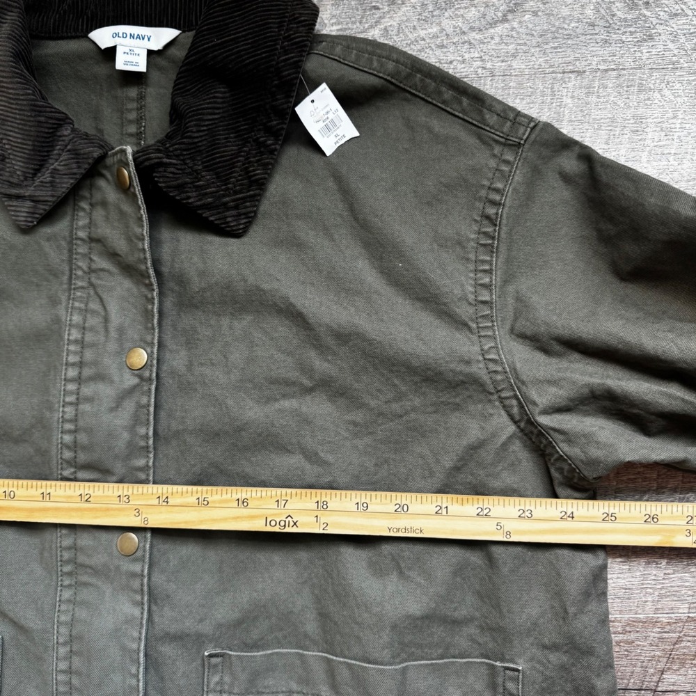 Old Navy Canvas Barn Jacket XL Petite Relaxed Olive Green Corduroy Collar NEW - Picture 6 of 9